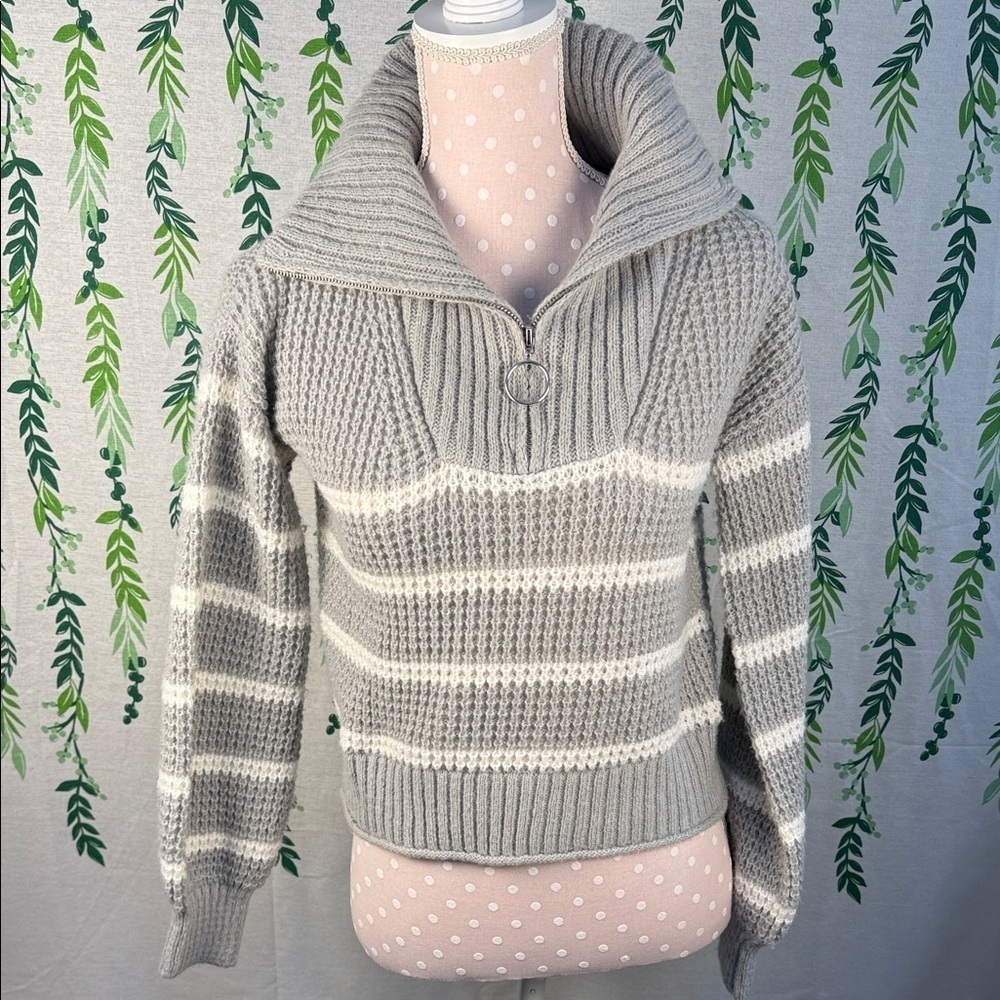 SO Women's Gray and White Striped Turtleneck Sweater B4
